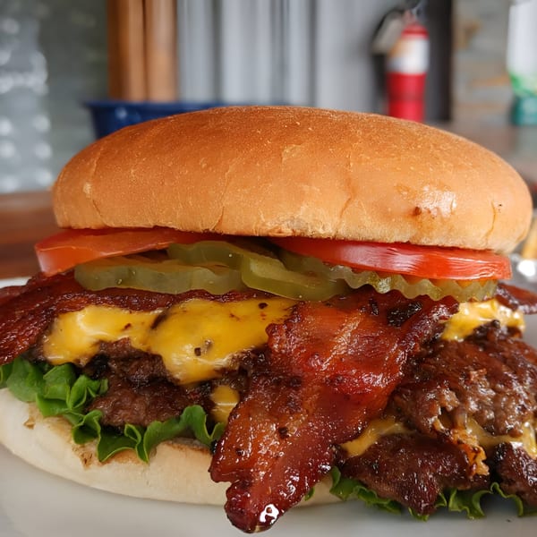 A Busta's double bacon cheeseburger with lettuce, tomato, and pickles on a white plate.