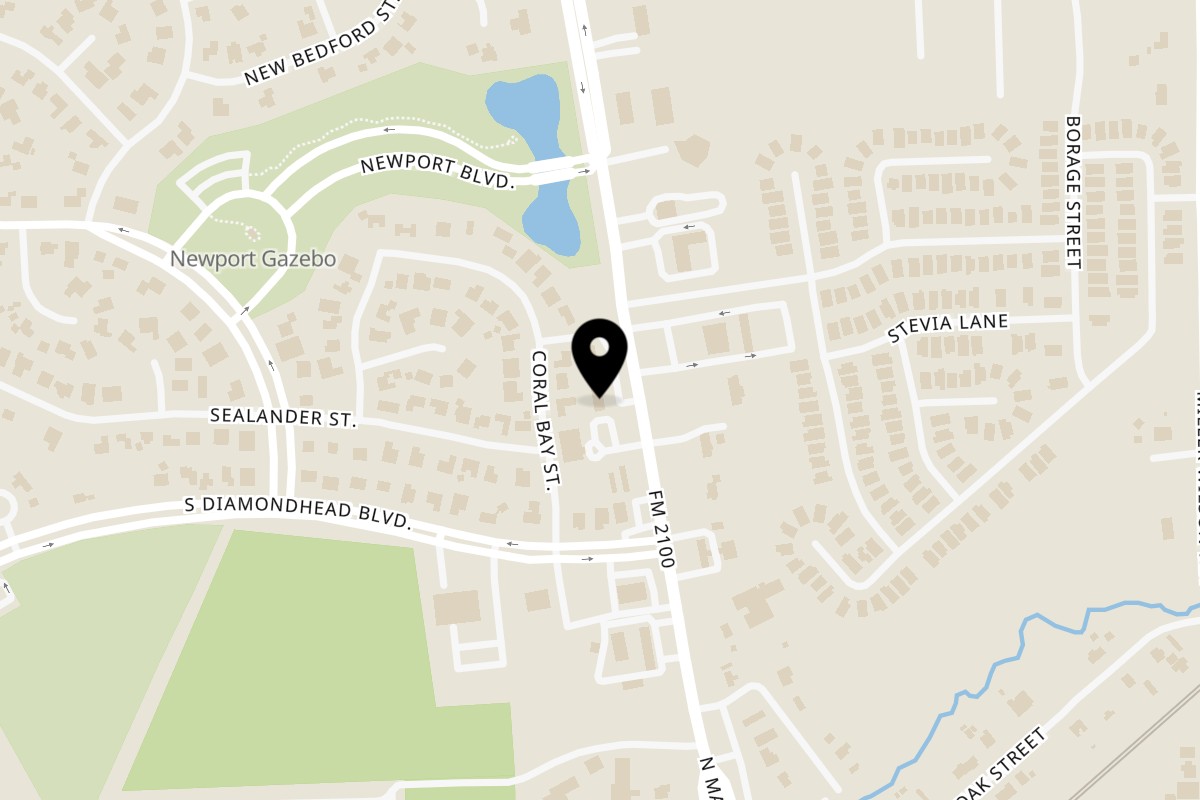 Map showing the location of Busta's Burgers on 6115 FM 2100 suite 101 in Crosby